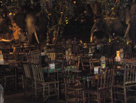Dining room of Rainforest Cafe, empty of customers.