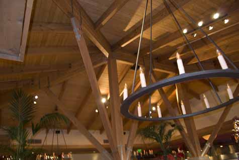 Interior view of Cedar Creek Restaurant ceiling beams and lights.