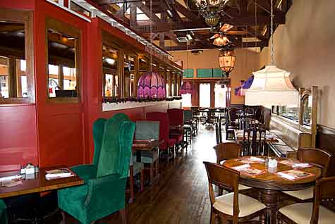 Spaghetti Factory in Fullerton, California, interior view of the trolly car inside a dining room.