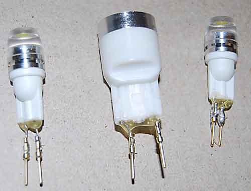 Automobile LED's shown after pins were soldered and the leads hot glued in place.