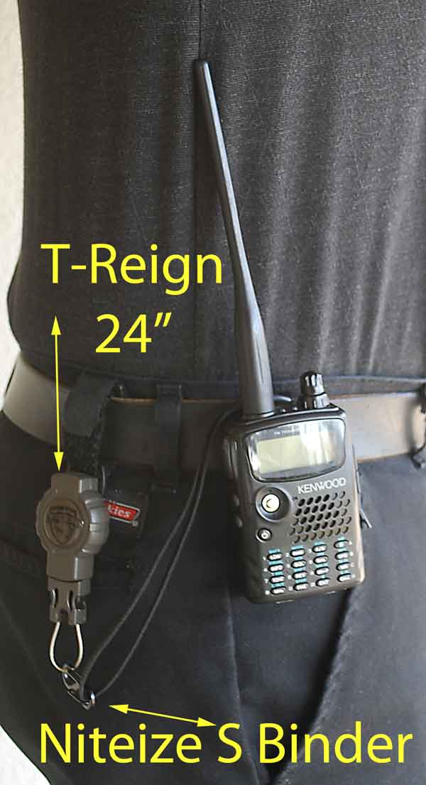 Image shows HT radio connected to T-Reign by using a Nite Ize carabiner.