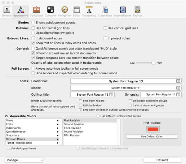 Scrivener preferences menu screen showing revision colors.